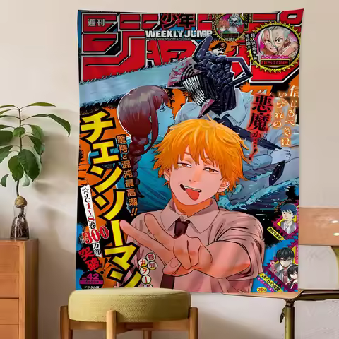 Chainsaw Man Magazine Cover Wall Tapestry - Dynamic Denji & Aki Art, Shonen Aesthetic, Trendy Room D