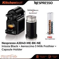 [BUNDLE] Nespresso A3D40-ME-BK-NE Inissia Black + Aeroccino 3 Milk Frothier + [Capsule Holder *RANDOM COLOR*]