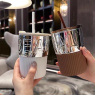Metal-coated Glass Cup With Silicone Insulation, Silicone Lid And Straw Included 420ml