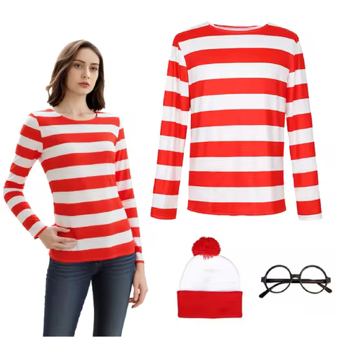 Classic Wheres Waldo Red White Striped Shirt for Men Wally Round Glasses and Hat Costume Set Unisex 