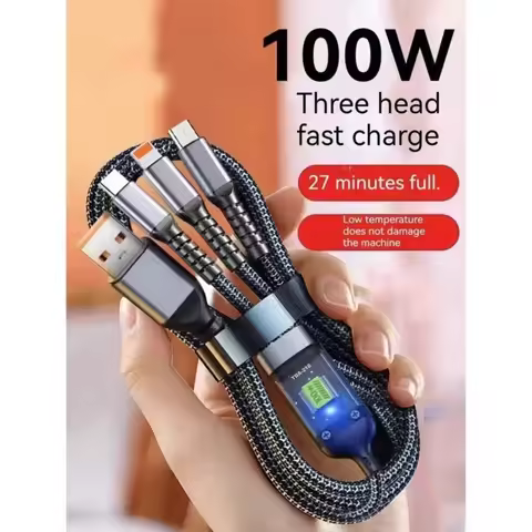 3-In-1 Super Fast Charging Cable, 3-In-1 Charging Cable With Transparent Illuminated Braided Nylon W
