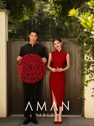 Wedding Dress Studio Photography New Bride Celebration Red Cheongsam Couples Retro 80s Style High Wa