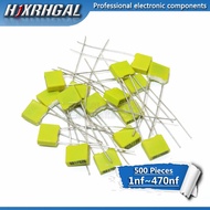 500pcs Polypropylene Safety Plastic Film 100V 1nF ~ 470nF 220nf 10nf 47nf 22nf 1nf 0.47uf 0.1uf Corr