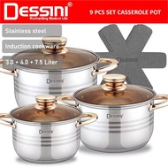 Ready Stock 🌟 PERIUK DESSINI ITALY 9 PCS 16CM 20CM 24CM Stainless Steel Casserole Induction Non-stic