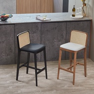 Solid Wood Bar Stool High-End Nordic Style White Ash Wood Rattan High Stool Cafe Designer Bar Island