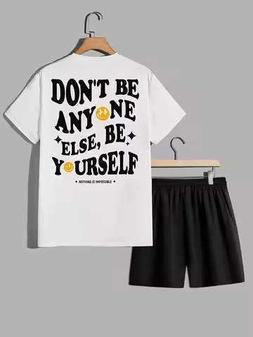 2026 New Men's Summer Streetwear Fashion Set Youthful Energy 3D Letter Print Short-Sleeve Top Drawst