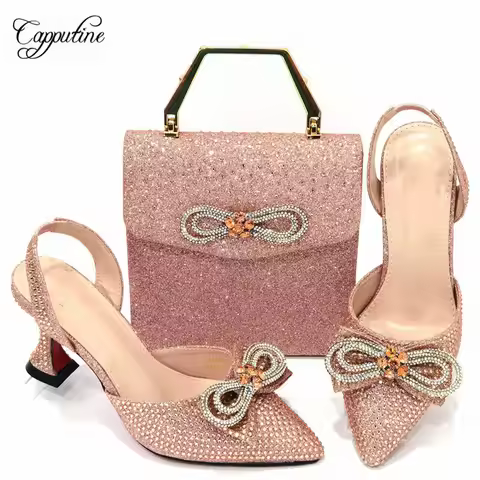 Peach Women Shoes Match With Bag Set African Ladies Pumps And Purse Handbag High Heels Sandals Escar