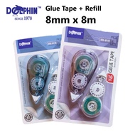Dolphin Glue Tape + Refill 8MM x 8M DOL8119 Glue Stationery School Student Office