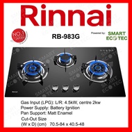 Rinnai - RB983G - 4.5kW + 2.0kW 3 Burner Glass Cooking Built In Gas Cooker Hob / Gas Stove Tungku Dapur