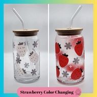 Color Changing Strawberry Glass Can Cup with bamboo lid and glass straw | Gifts | Custom Cup | tumbler | starbucks