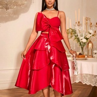 Bộ 2 món AOMEI dành cho nữ, áo dây mảnh màu đỏ, nơ lớn và chân váy chữ A xếp tầng bóng cho khách dự 