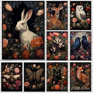 Vintage Dark Academia Floral Gothic Animals Rabbit Bee Owl Crow Illustration Poster Canvas Painting 