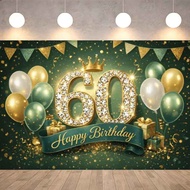 60th Happy Birthday Backdrop Polyester Waterproof Banner Dark Green Gold Diamond Balloon Decor Photo