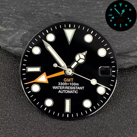 28.5mm NH34 Dial GMT White/Black Dial No Logo NH34 Blue-Green Luminous Fit GMT NH34 Movement Accesso