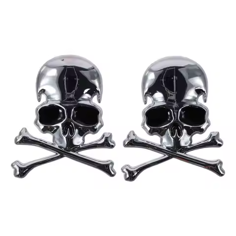 2pcs Skull Crossbone Emblem Stickers Silver Skull Skeleton Car Emblem Badge 2.9x2.4inch 3D Logo Meta