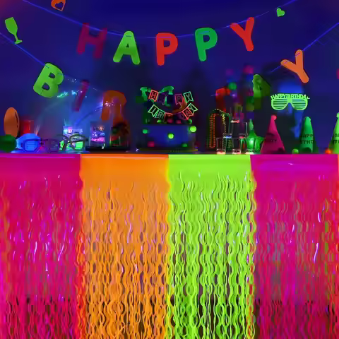 Neon Fluorescent Orange Yellow Fuchsia Wavy Metallic Tinsel Foil Fringe Table Skirts Glow in The Dar