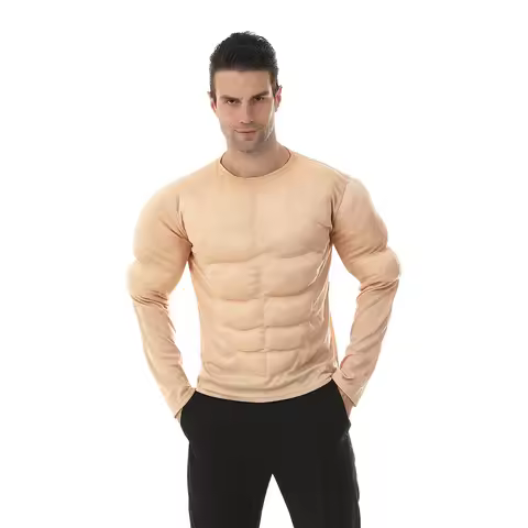 Realistic Fake Muscle Shirt forMen Padded Biceps Abs Long Sleeve Skin Tone Top Funny Prank Outfit Ha