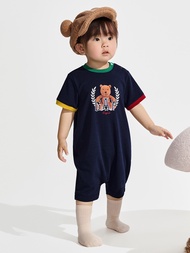 嬰兒裝|Logo小熊印花圓領短袖包屁衣/連身衣-海軍藍