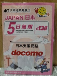 電話卡_【日本】5日無限不減速 docomo 4G 無限上網卡 日本電話卡 Sim咭（包平郵）