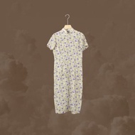 二手 米黃色 藍色喇叭花 小碎花 古董訂製 薄 短袖 旗袍 CA1125