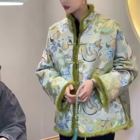 Limiguyue Chinese Turtleneck Green Cotton Jacket Winter Raw Edge Spliced Cotton Coat Women Dragon Pr