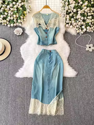 French Style Lace Splicing V-Neck Sleeveless Crop Tops+High Waist Split Middle Length Skirt Summer W