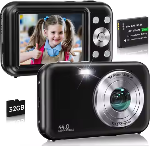 FHD 1080P 44MP Vlogging Camera with Anti-Shake, 16X Zoom, Compact Travel Design for Beginners and Te