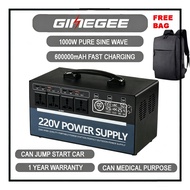 ( FREE BAG 1 Year Warranty ) GINEGEE Portable Power Station Pure Sine Wave 600W/1000W 220V Output Em