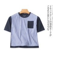 H3805 Foreign Trade Japanese Single Casual Children Short-Sleeved Top New Style Round Neck Striped C