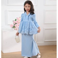 Baju Kebaya Budak Peplum Kurung Moden Baby Blue Hitam Baju Raya Budak Perempuan 2024