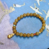 8mm天然和田玉/和闐玉-麻糖玉 南紅蜜蠟鍍金招財貔貅設計單圈手串