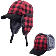 Topi Trapper Hangat Musim Sejuk untuk Lelaki dengan Penutup Telinga, Corak Buffalo Plaid, Topi Baseb