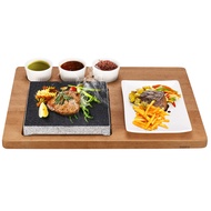 👍High Quality👍Lava Stone Steak Board Set With Sapele Solid Wood Board Porcelain Plate And Sauce Cups