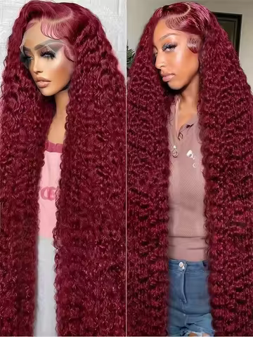 99j Burgundy 13x6 Lace Frontal Curly Human Hair Wig 46 Inch Deep Wave Red Colored 13x4 Hd Lace Front