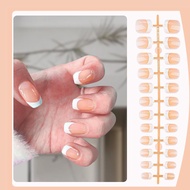 24 Pieces French Fake Nails White Edge Pink Nail Patch Nail Wearable Art Short Removable Square H2z3