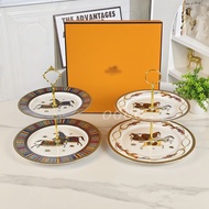 E9RD Dessert Plate Retro Ceramic Double-Layer String Plate Fruit Plate Cake Plate Household Afternoo