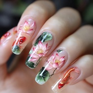 Mid-Length Wear Nails Fake Nails Pink Koi Lotus Ballet Wear Nails Manicure Pieces