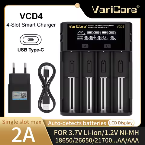 VaraCore VCD4 V20i 3.7V Li-Ion 1.2V NIMH AA AAA Battery 5V 2A Type-C 4-Slot LCD Display Smart Charge