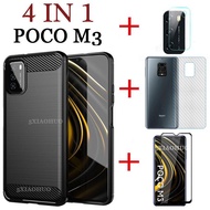 (4 in 1) Phone Case For Xiaomi POCO M3 case with tempered glass film brushed carbon fiber soft shell + lens film + tempered glass screen protector + carbon fiber back film