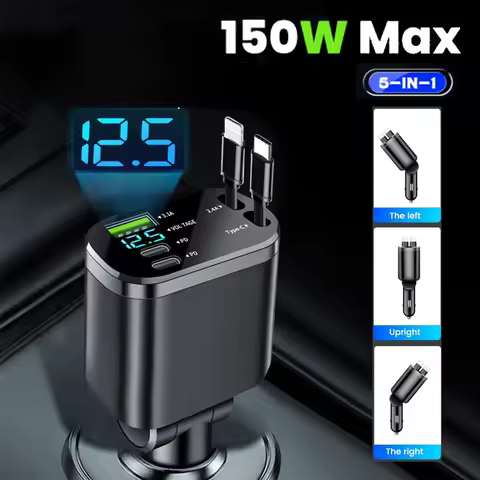 150W Car Charger PD30W Car Cigarette Lighter Adapter Voltage Display With Retractable Cable Fast Cha