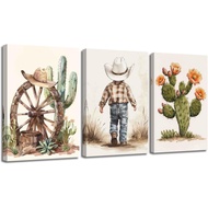 XLMDYYSW Western Cowboy Wall Art Set of 3 Nursery Canvas Prints Cactus Desert Poster Picture Cowboy 