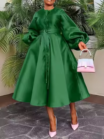 Aomei Women Elegant Pleaed Dress O Neck Long Lantern Sleeve Lace Up A-Line Gowns Causal Evening Birt