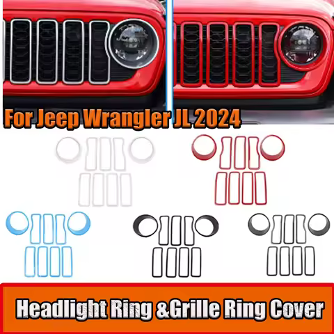 9PCS Car Accessories Headlight Ring &Grille Ring Cover Decorative For Jeep Wrangler JL 2024 Front Gr