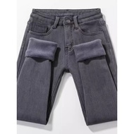 celana panjang wanita pants women Seluar jeans pinggang tinggi hangat kelabu berasap ditambah seluar