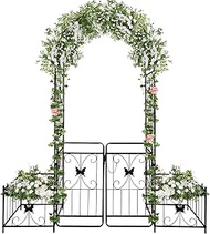 Kalolary Garden Arch with Gate and Plant Box, Heavy Duty Metal Butterfly Garden Arbor for Climbing Plant Raised Bed Rose Vines Climbing Support for Lawn Backyard Patio Outdoor Decor (86.6"x79.8"x20")