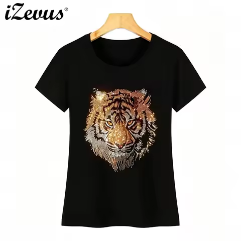 Diamond tiger head summer new women's T-shirt crystal diamond sewn fashionable short-sleeved casual 