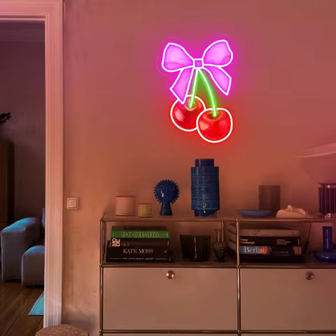 Coquette Cherry Bow Neon Sign Cherry sign Feminine Coquette Pink Bow Soft Girl Bedroom Decor Ribbon 