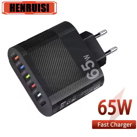 65W USB PD Charger 6 Ports Fast Charging Type C Travel Adapter USB QC 3.0 For iPhone 12 13 Pro Xiaom
