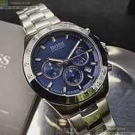 BOSS伯斯精品錶,編號：HB1513755,42mm圓形銀精鋼錶殼寶藍色錶盤精鋼銀色錶帶