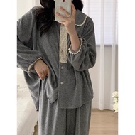 Women's Lace Trim Collar Pajama Set - Long Sleeve, Silk with Milk Protein Blend, Dark Grey (M-XXL)
